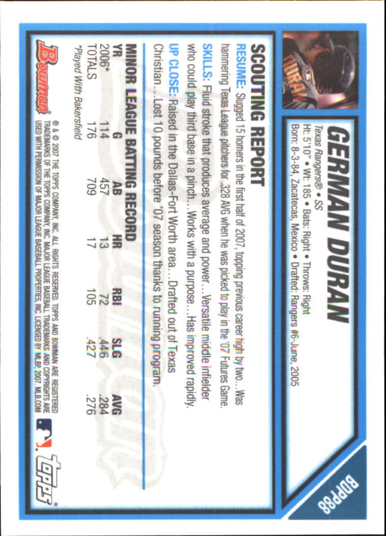 2007 Bowman Draft Future's Game Prospects Gold #BDPP88 German Duran back image