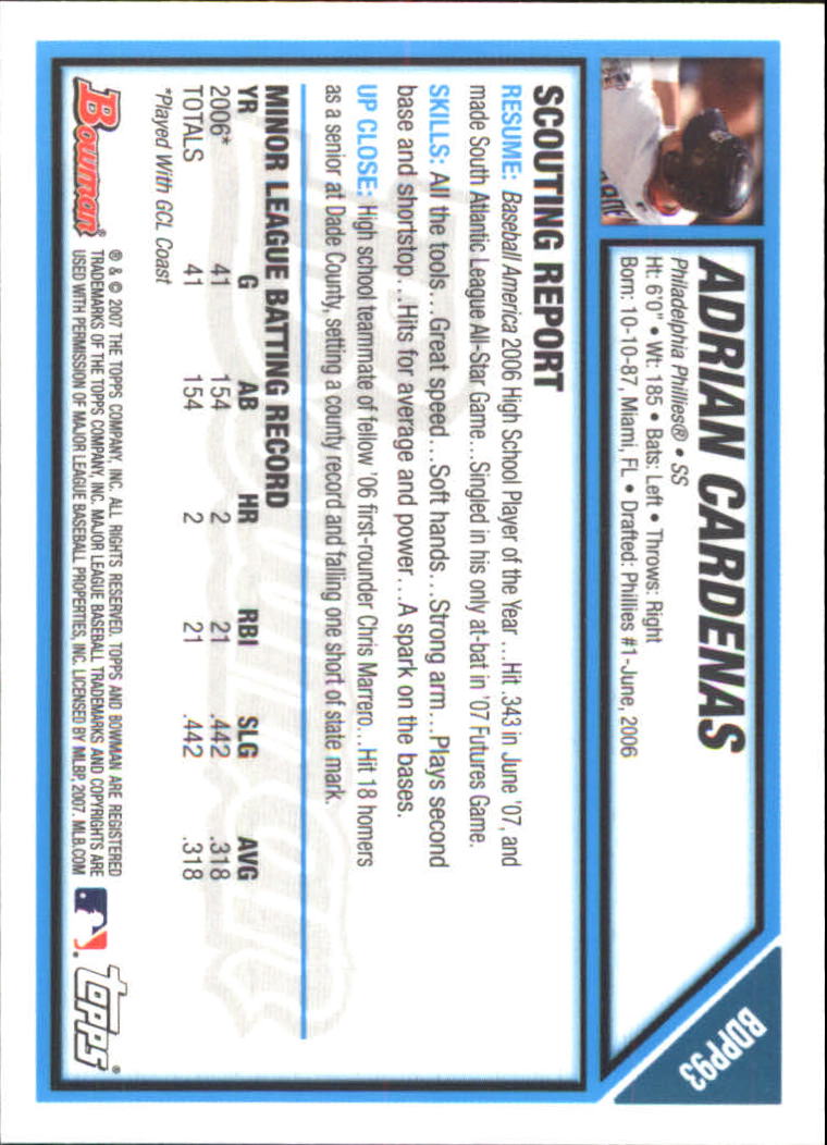 2007 Bowman Draft Future's Game Prospects Gold #BDPP93 Adrian Cardenas back image