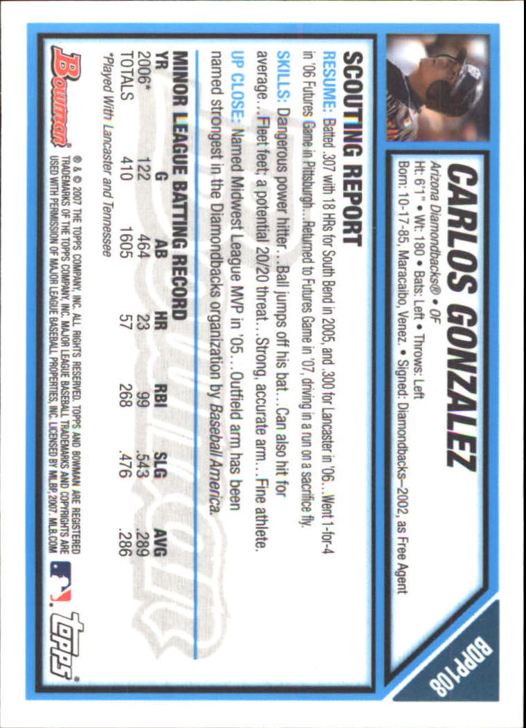 2007 Bowman Draft Future's Game Prospects Gold #BDPP108 Carlos Gonzalez back image