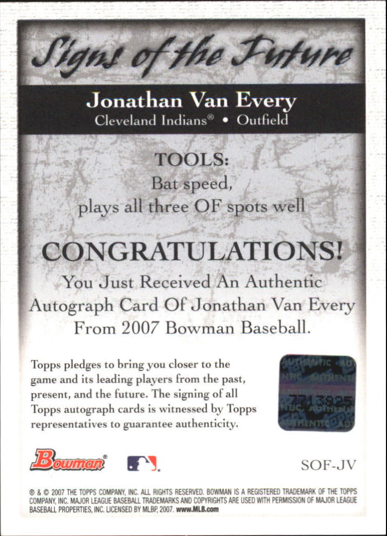 2007 Bowman Draft Signs of the Future #JV Jonathan Van Every back image