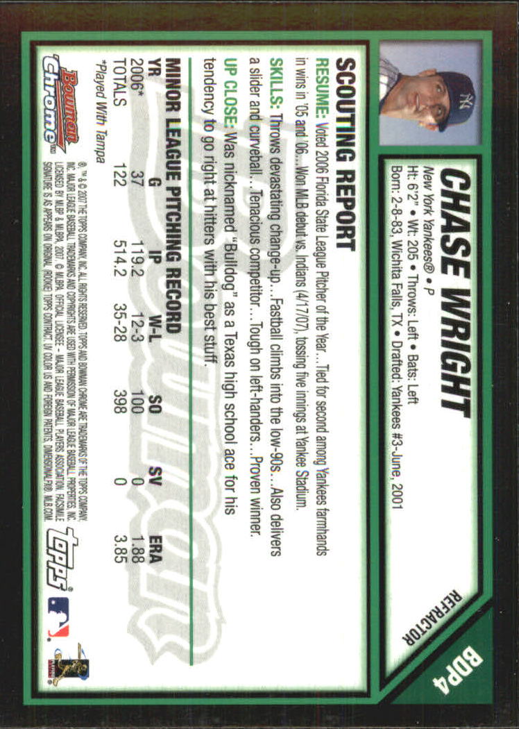 2007 Bowman Chrome Draft Refractors #BDP4 Chase Wright back image