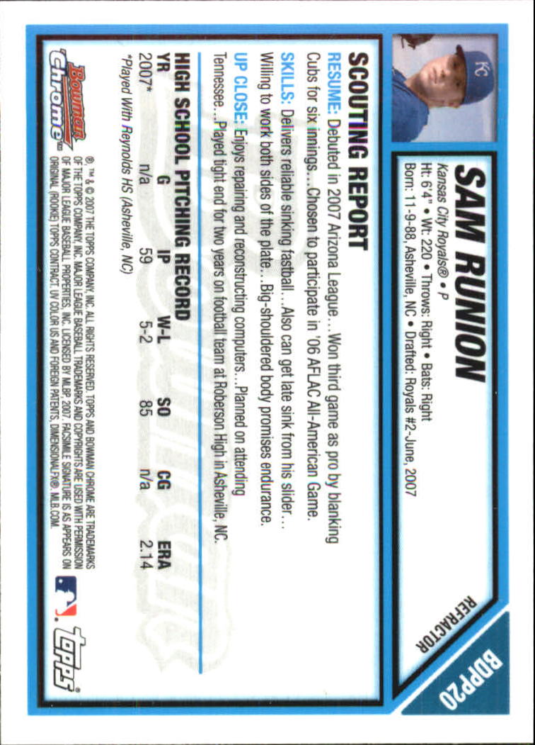 2007 Bowman Chrome Draft Draft Picks Refractors #BDPP20 Sam Runion back image