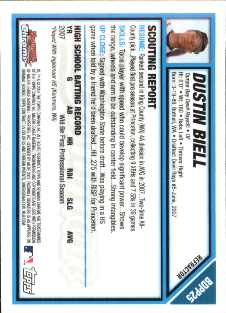 2007 Bowman Chrome Draft Draft Picks Refractors #BDPP25 Dustin Biell back image