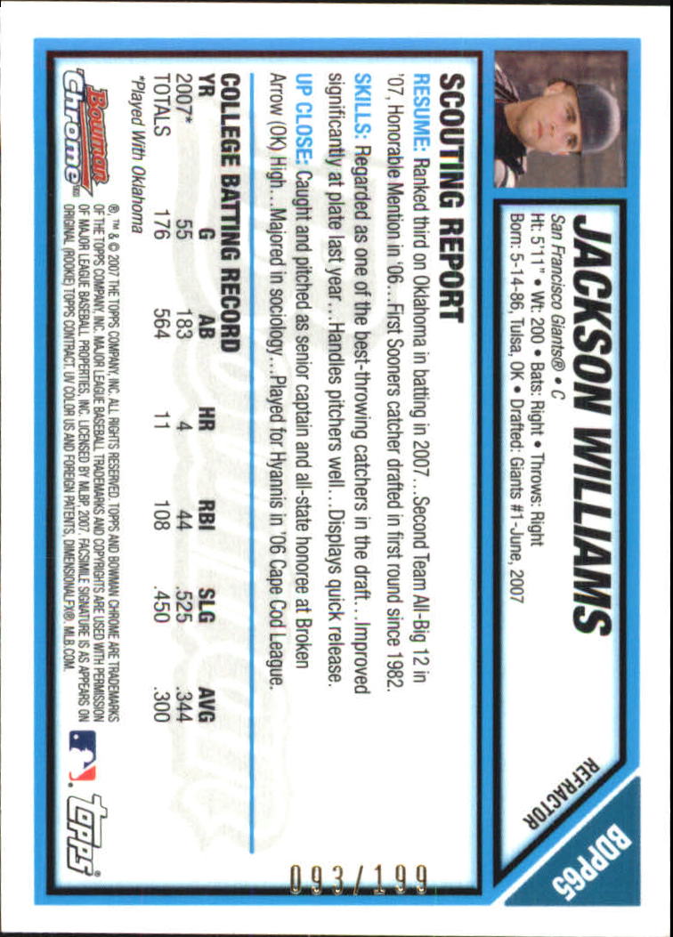 2007 Bowman Chrome Draft Draft Picks Blue Refractors #BDPP65 Jackson Williams back image