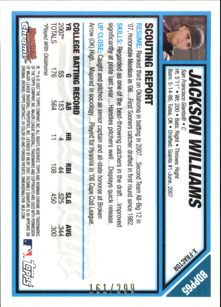 2007 Bowman Chrome Draft Draft Picks X-Fractors #BDPP65 Jackson Williams back image