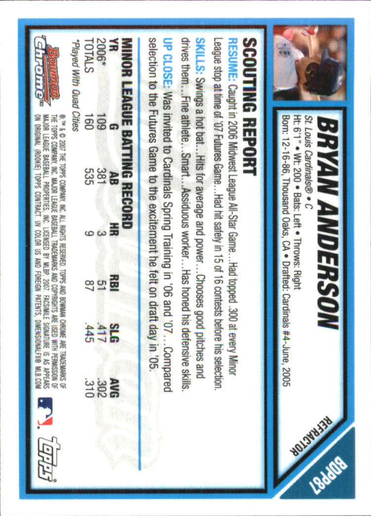 2007 Bowman Chrome Draft Future's Game Prospects Refractors #BDPP87 Bryan Anderson back image