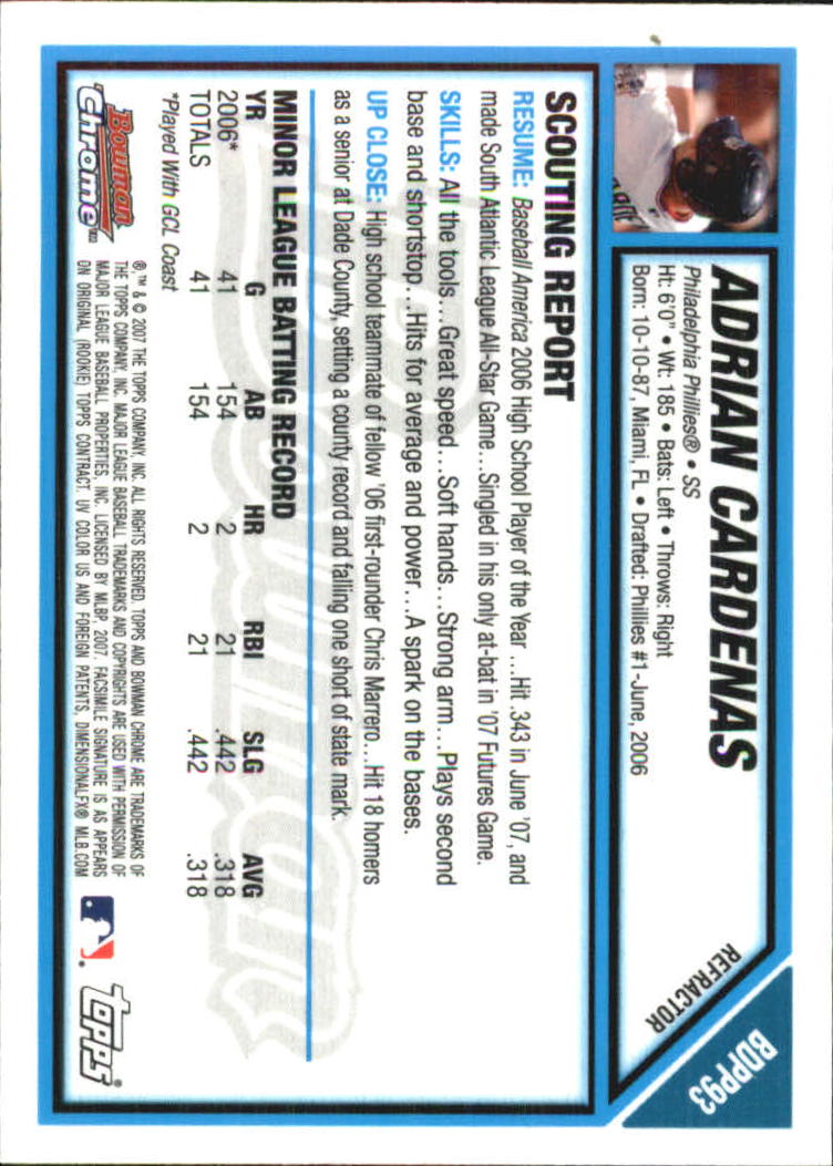 2007 Bowman Chrome Draft Future's Game Prospects Refractors #BDPP93 Adrian Cardenas back image