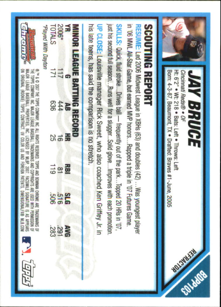 2007 Bowman Chrome Draft Future's Game Prospects Refractors #BDPP103 Jay Bruce back image