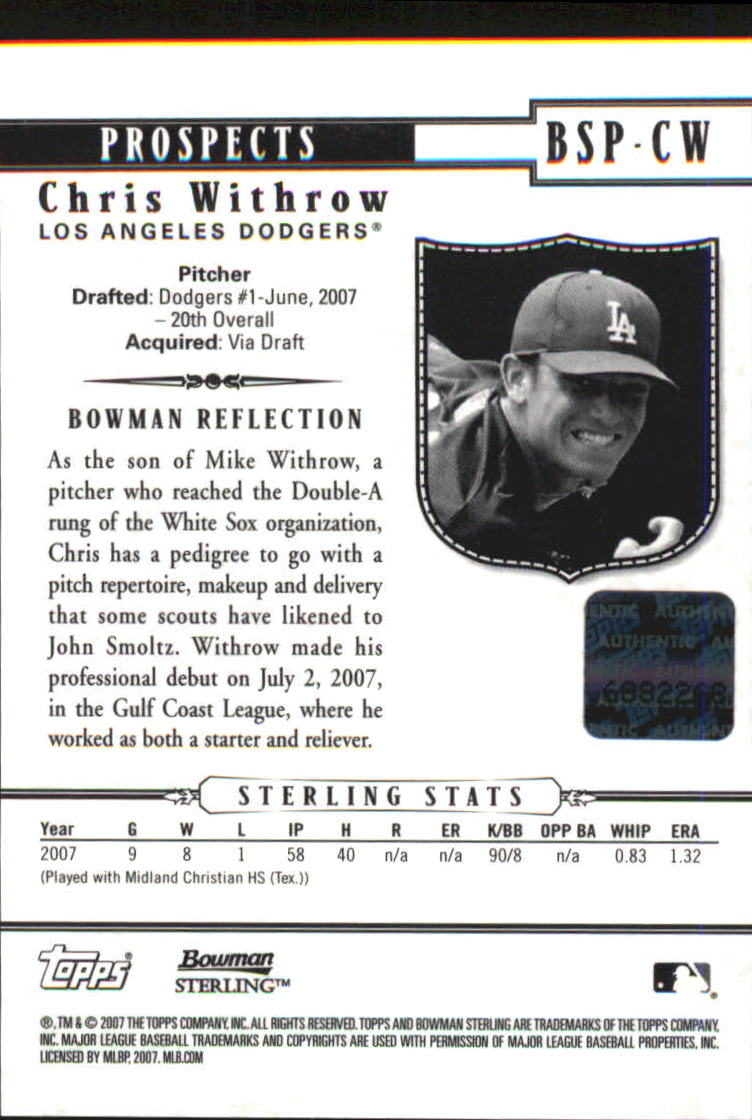 2007 Bowman Sterling Prospects #CW Chris Withrow AU back image