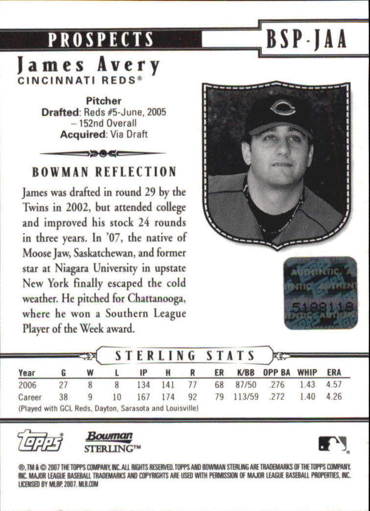 2007 Bowman Sterling Prospects #JAA James Avery AU back image