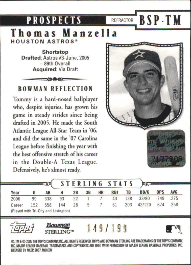 2007 Bowman Sterling Prospects Refractors #TM Thomas Manzella AU back image