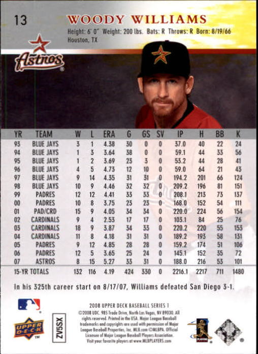 2008 Upper Deck #13 Woody Williams back image