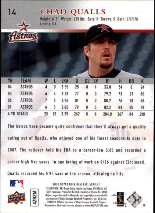 2008 Upper Deck #14 Chad Qualls back image