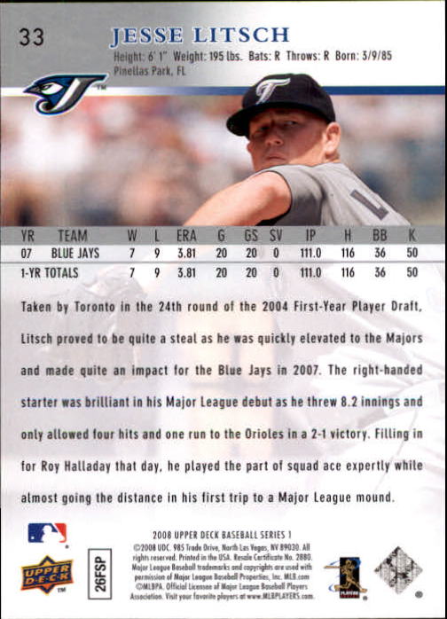 2008 Upper Deck #33 Jesse Litsch back image