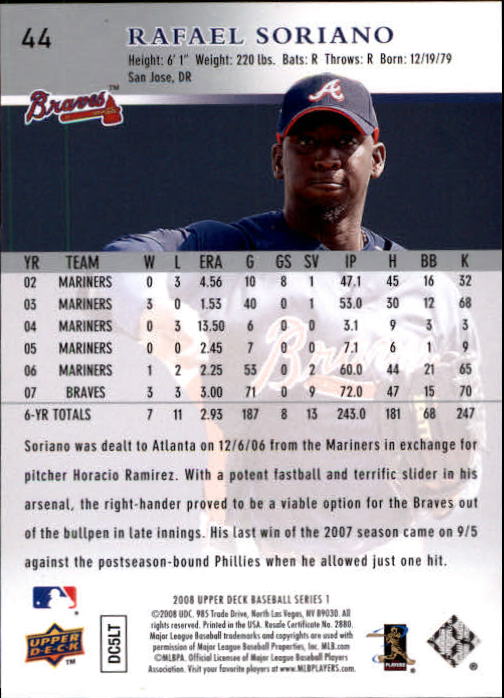 2008 Upper Deck #44 Rafael Soriano back image