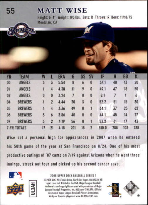 2008 Upper Deck #55 Matt Wise back image