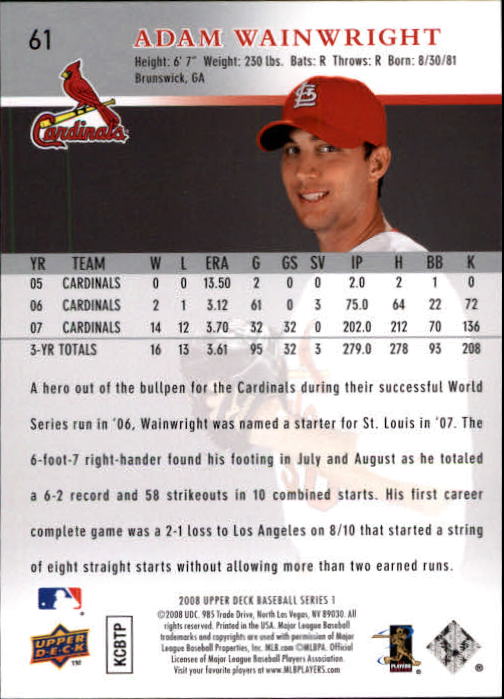 2008 Upper Deck #61 Adam Wainwright back image