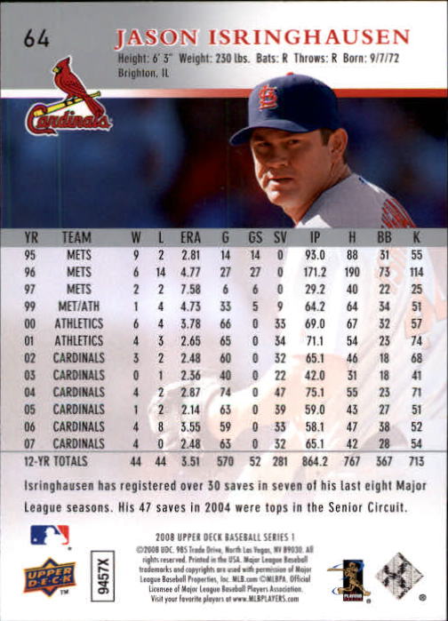 2008 Upper Deck #64 Jason Isringhausen back image