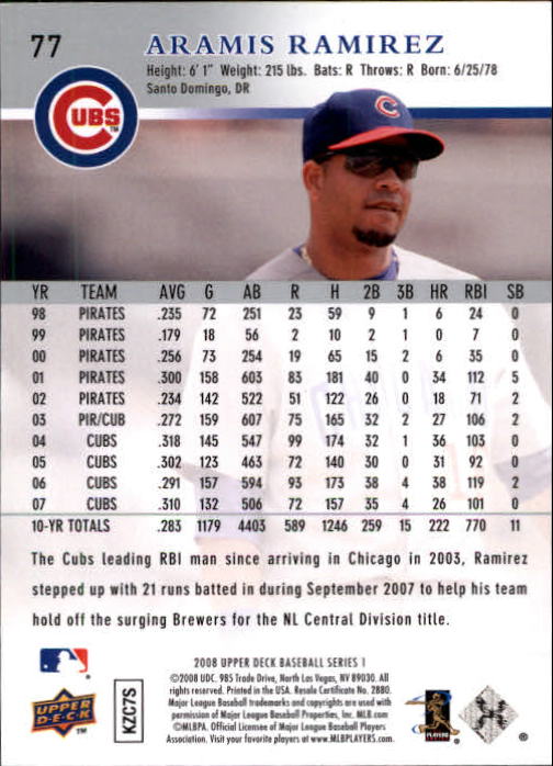 2008 Upper Deck #77 Aramis Ramirez back image