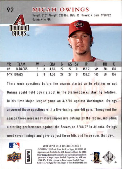 2008 Upper Deck #92 Micah Owings back image