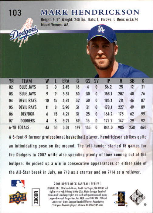 2008 Upper Deck #103 Mark Hendrickson back image