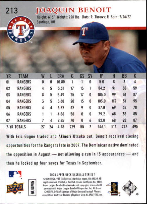 2008 Upper Deck #213 Joaquin Benoit back image