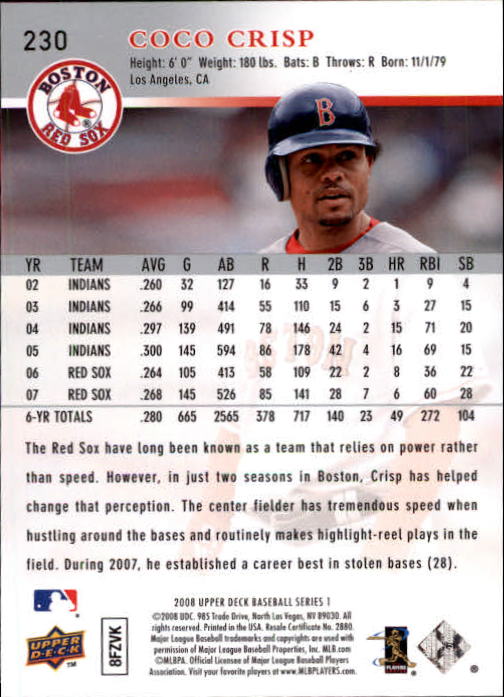 2008 Upper Deck #230 Coco Crisp back image
