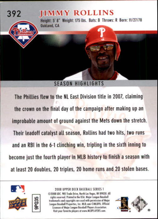 Jimmy Rollins baseball card (Philadelphia Phillies) 2008 Upper Deck #392 at  's Sports Collectibles Store