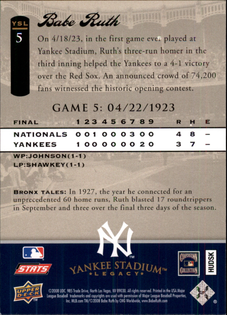 2008 Upper Deck Yankee Stadium Legacy Collection #5 Babe Ruth back image