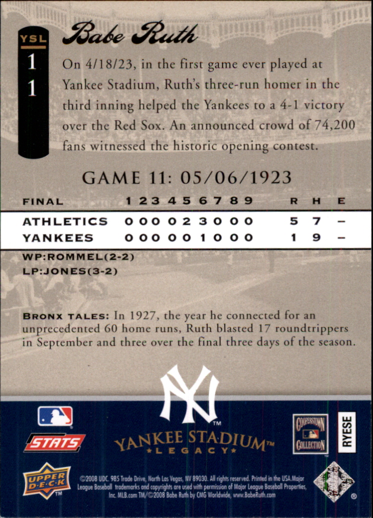 2008 Upper Deck Yankee Stadium Legacy Collection #11 Babe Ruth back image