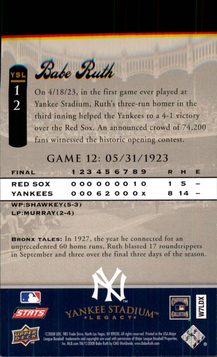 2008 Upper Deck Yankee Stadium Legacy Collection #12 Babe Ruth back image