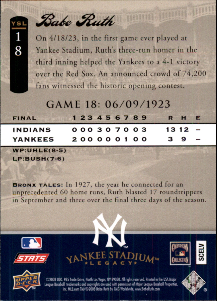 2008 Upper Deck Yankee Stadium Legacy Collection #18 Babe Ruth back image