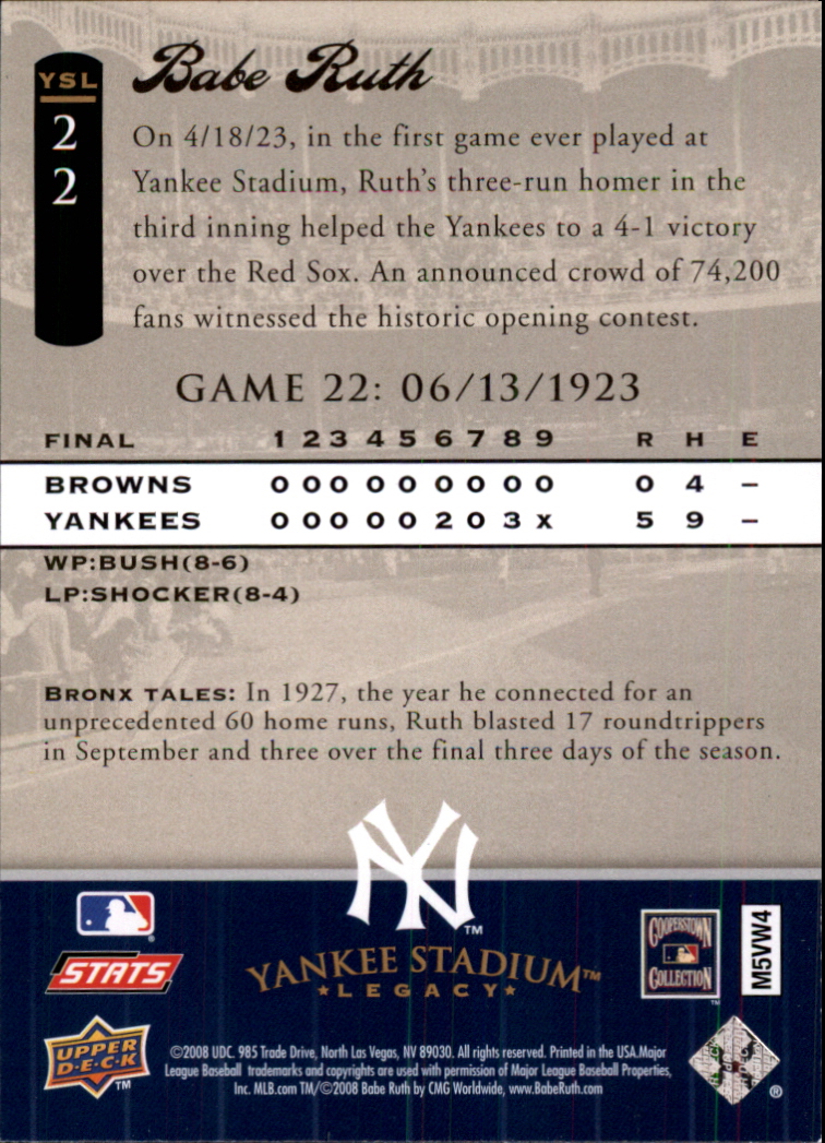 2008 Upper Deck Yankee Stadium Legacy Collection #22 Babe Ruth back image