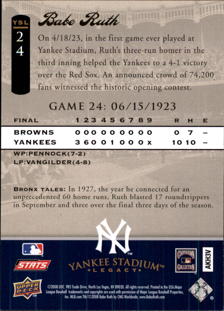 2008 Upper Deck Yankee Stadium Legacy Collection #24 Babe Ruth back image