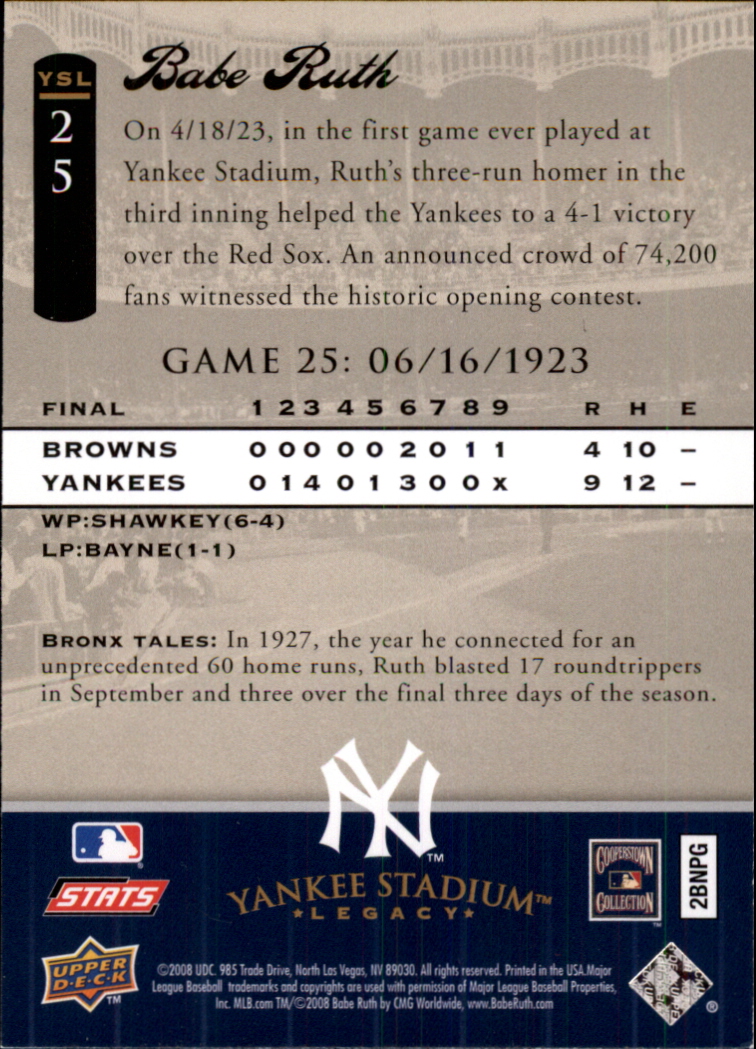 2008 Upper Deck Yankee Stadium Legacy Collection #25 Babe Ruth back image