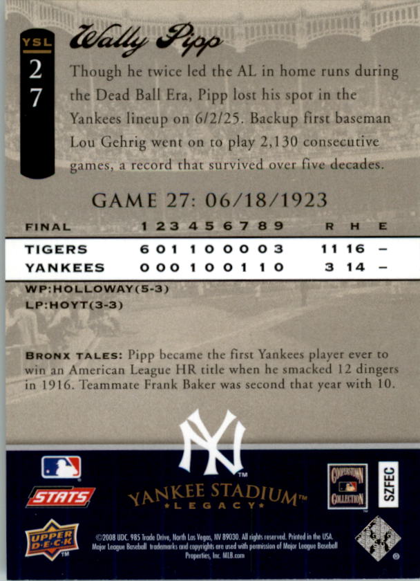 2008 Upper Deck Yankee Stadium Legacy Collection #27 Wally Pipp back image