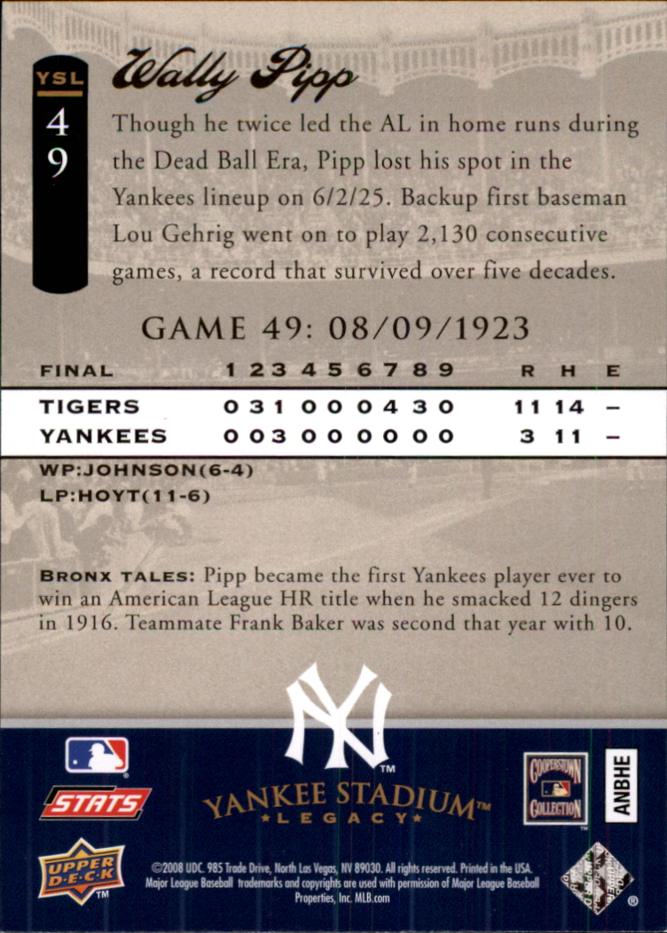 2008 Upper Deck Yankee Stadium Legacy Collection #49 Wally Pipp back image
