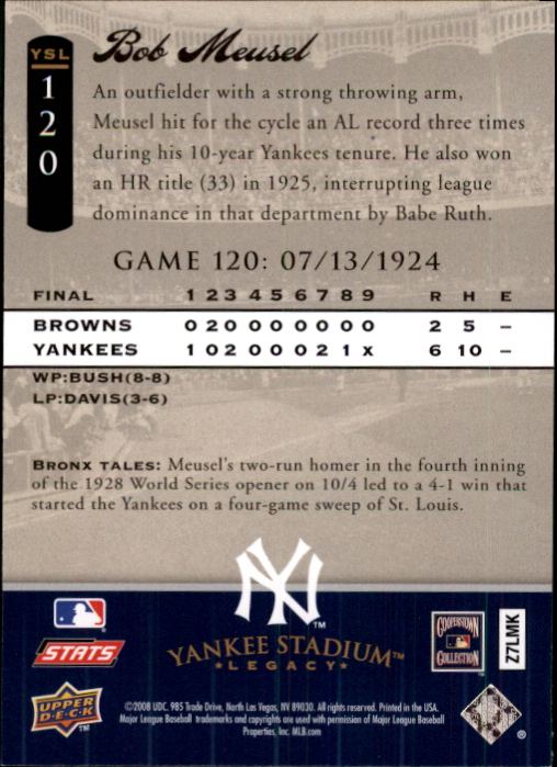 2008 Upper Deck Yankee Stadium Legacy Collection #120 Bob Meusel back image
