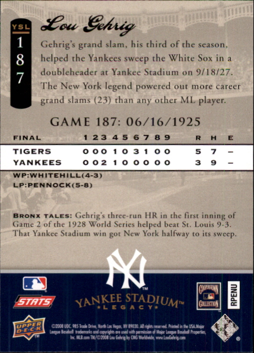 2008 Upper Deck Yankee Stadium Legacy Collection #187 Lou Gehrig back image