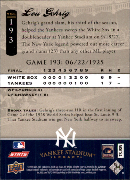 2008 Upper Deck Yankee Stadium Legacy Collection #193 Lou Gehrig back image