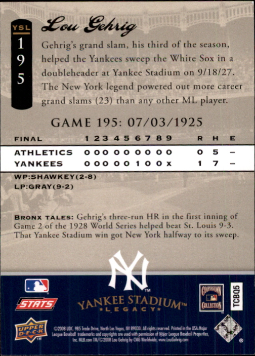 2008 Upper Deck Yankee Stadium Legacy Collection #194 Lou Gehrig back image