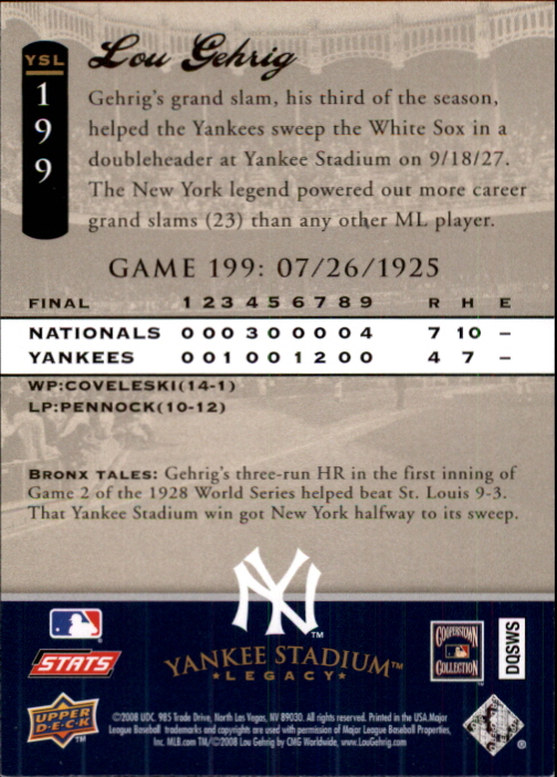 2008 Upper Deck Yankee Stadium Legacy Collection #199 Lou Gehrig back image