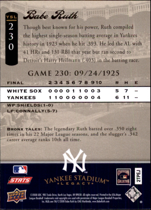 2008 Upper Deck Yankee Stadium Legacy Collection #230 Babe Ruth back image