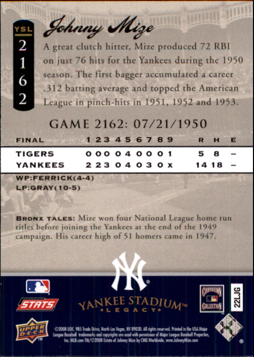 2008 Upper Deck Yankee Stadium Legacy Collection #2162 Johnny Mize back image