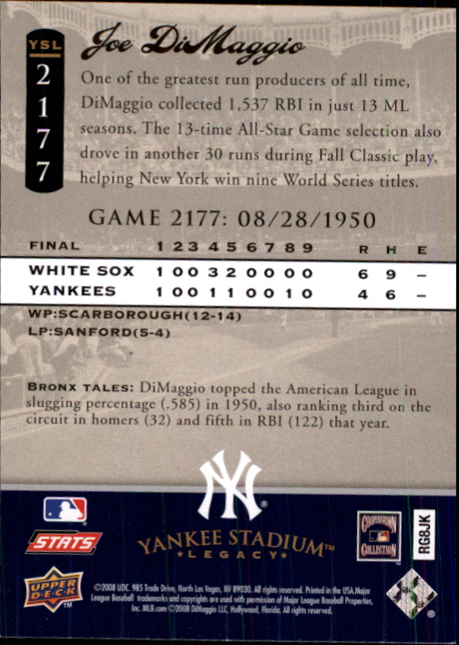 2008 Upper Deck Yankee Stadium Legacy Collection #2177 Joe DiMaggio back image