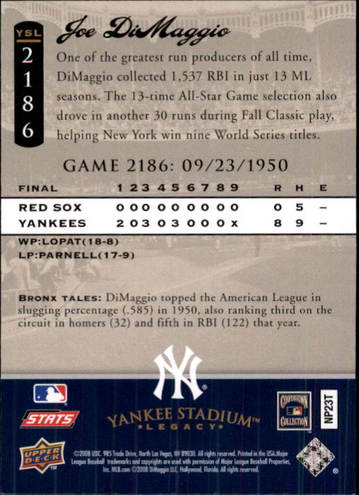 2008 Upper Deck Yankee Stadium Legacy Collection #2186 Joe DiMaggio back image