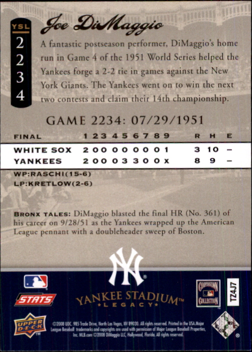 2008 Upper Deck Yankee Stadium Legacy Collection #2234 Joe DiMaggio back image