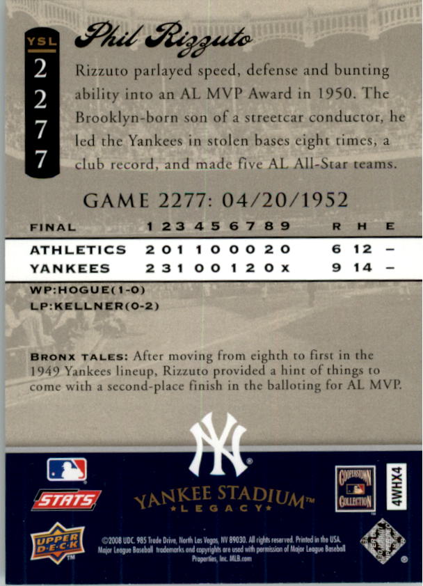 2008 Upper Deck Yankee Stadium Legacy Collection #2277 Phil Rizzuto back image