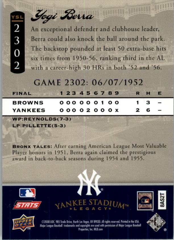 2008 Upper Deck Yankee Stadium Legacy Collection #2302 Yogi Berra back image