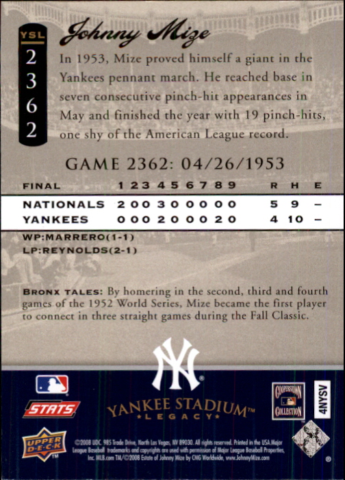 2008 Upper Deck Yankee Stadium Legacy Collection #2362 Johnny Mize back image